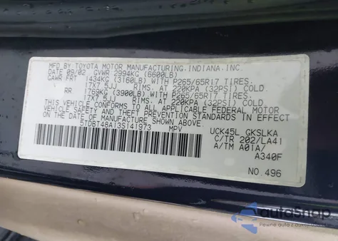 2003 Toyota Sequoia Limited V8 z USA, uszkodzony, nr VIN 5TDBT48A13S141973